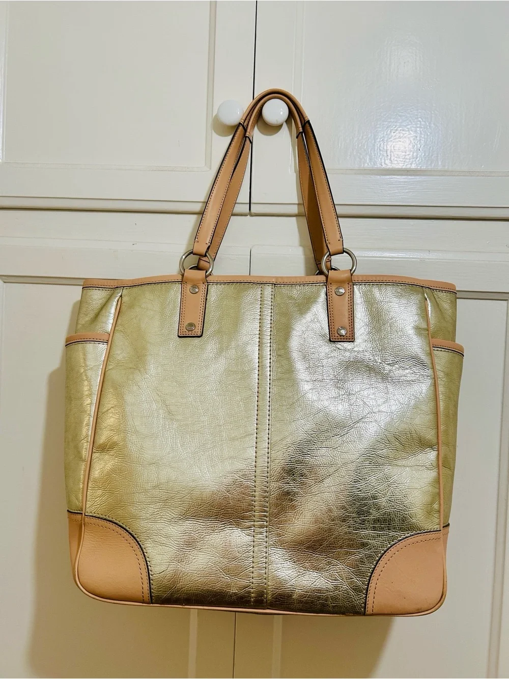 Coach Metro XL Gold Metallic Tote With Tan Trim